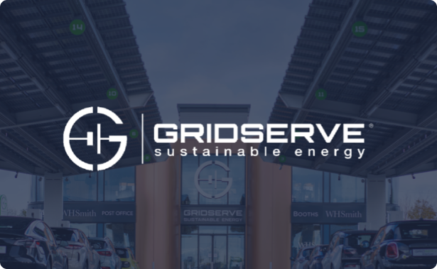 Background shows an e-verichel forecort with Gridserve's logo as an overlay