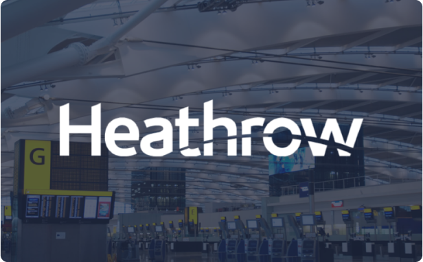 Background shows an a terminal at Heathrow airport with Heathrows's logo as an overlay