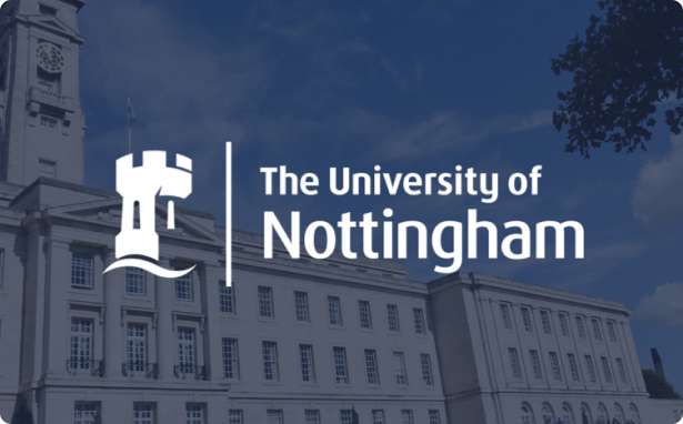 Background shows a white period building with The University of Nottingham's logo as an overlay